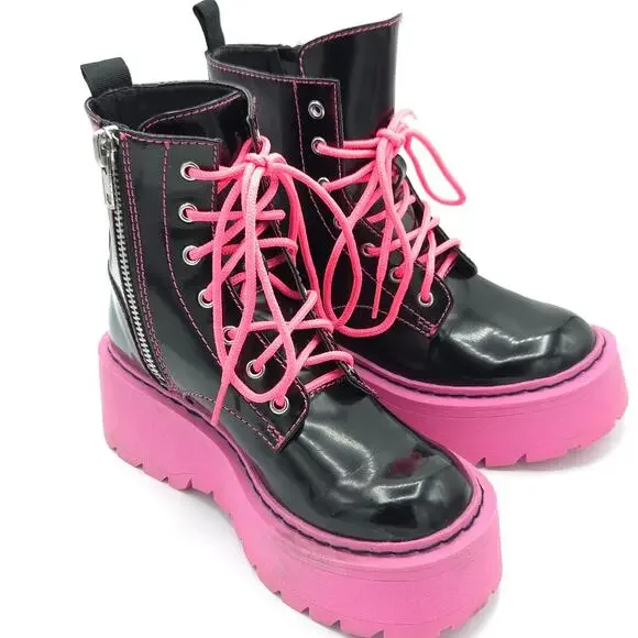 Current Mood Combat Boots DollsKill Pink Black women's size 6  CM20-468 - Picture 3 of 9